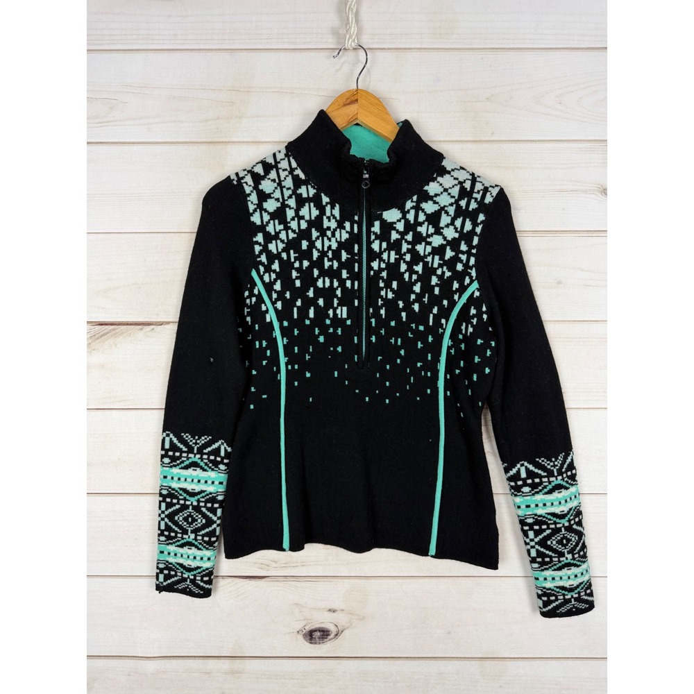 Icelandic Design Sweater Womens S Black Teal Geometric Merino Wool Quarter Zip